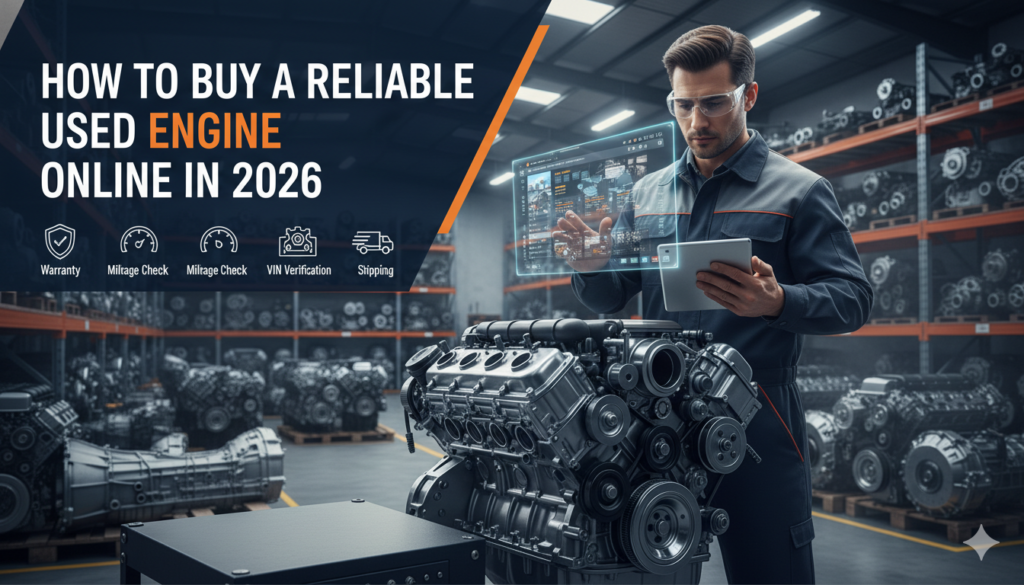 Reliable Used Engine Online. Professional mechanic inspecting a reliable used engine online in a modern auto parts warehouse with warranty, VIN check, mileage verification, and shipping icons for 2026 automotive buying guide.