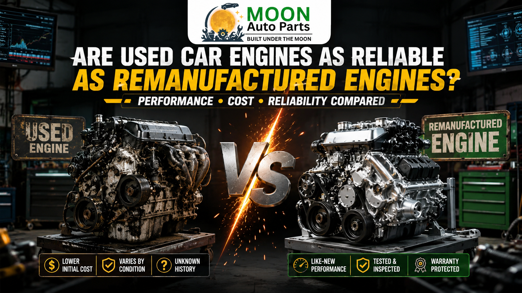Comparison graphic showing a used car engine versus a remanufactured engine in a professional garage workshop with a large metallic VS symbol, sparks, and Moon Auto Parts branding.