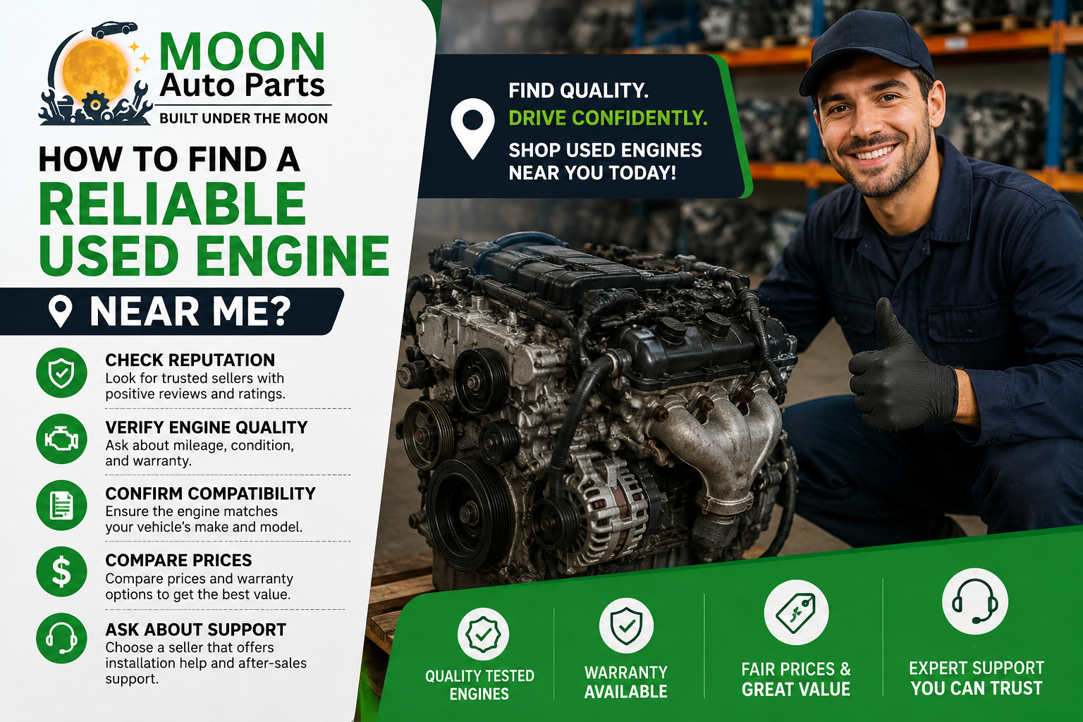 Promotional graphic from Moon Auto Parts showing a mechanic giving a thumbs-up beside a used engine in a warehouse. The image highlights tips for finding a reliable used engine near you, including checking seller reputation, verifying engine quality, confirming compatibility, comparing prices, and asking about support. It also promotes quality-tested engines, warranty availability, fair pricing, and expert customer support.