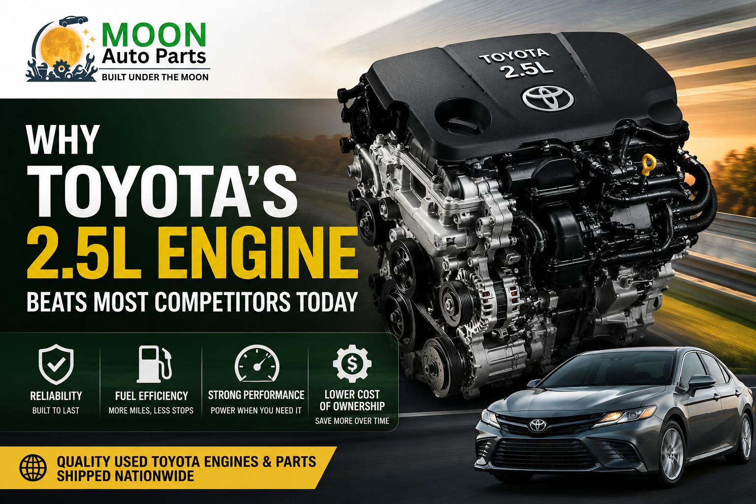 Moon Auto Parts blog banner featuring a Toyota 2.5L engine, Toyota sedan, and bold text highlighting reliability, fuel efficiency, strong performance, and affordable ownership costs.