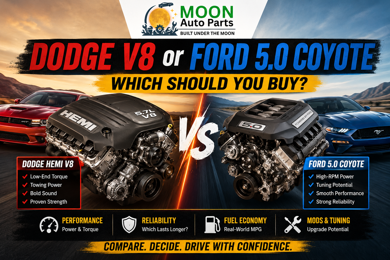 Comparison graphic of Dodge HEMI V8 and Ford 5.0 Coyote engines with muscle cars and MOON Auto Parts logo.