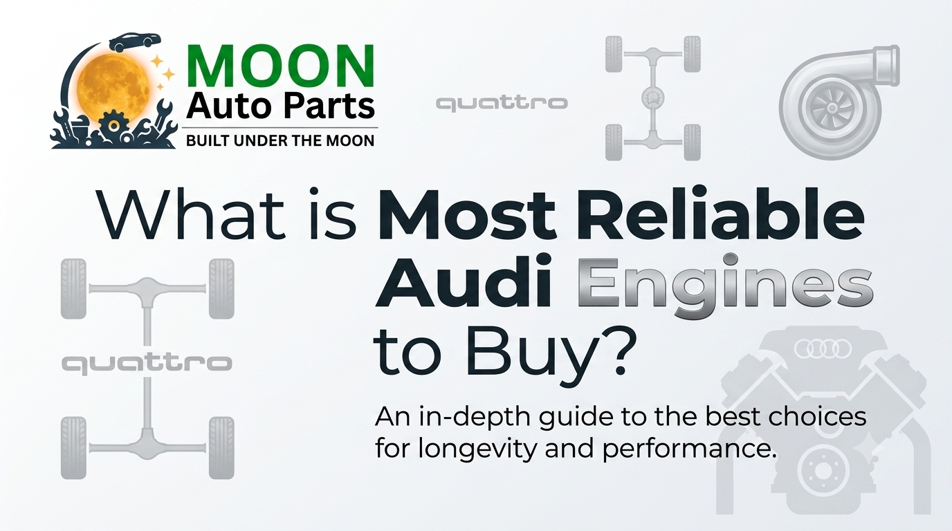 A horizontal blog banner with a clean white background, featuring the "MOON Auto Parts" logo in the top left corner, which includes a yellow moon, car silhouette, and various mechanical tools. The main text reads "What is Most Reliable Audi Engines to Buy?" in a bold, dark gray and metallic font, followed by the subtitle "An in-depth guide to the best choices for longevity and performance." The background is subtly decorated with faint, gray line art of an engine block, a turbocharger, and drivetrain diagrams featuring.