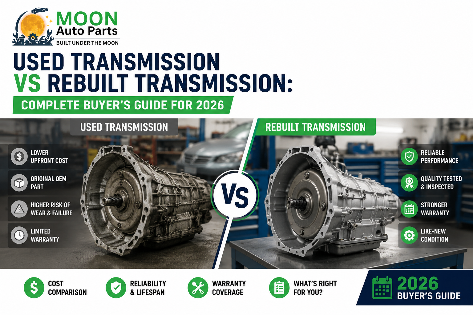 Used Transmission vs Rebuilt Transmission comparison infographic showing cost, reliability, warranty, and performance differences with Moon Auto Parts logo.