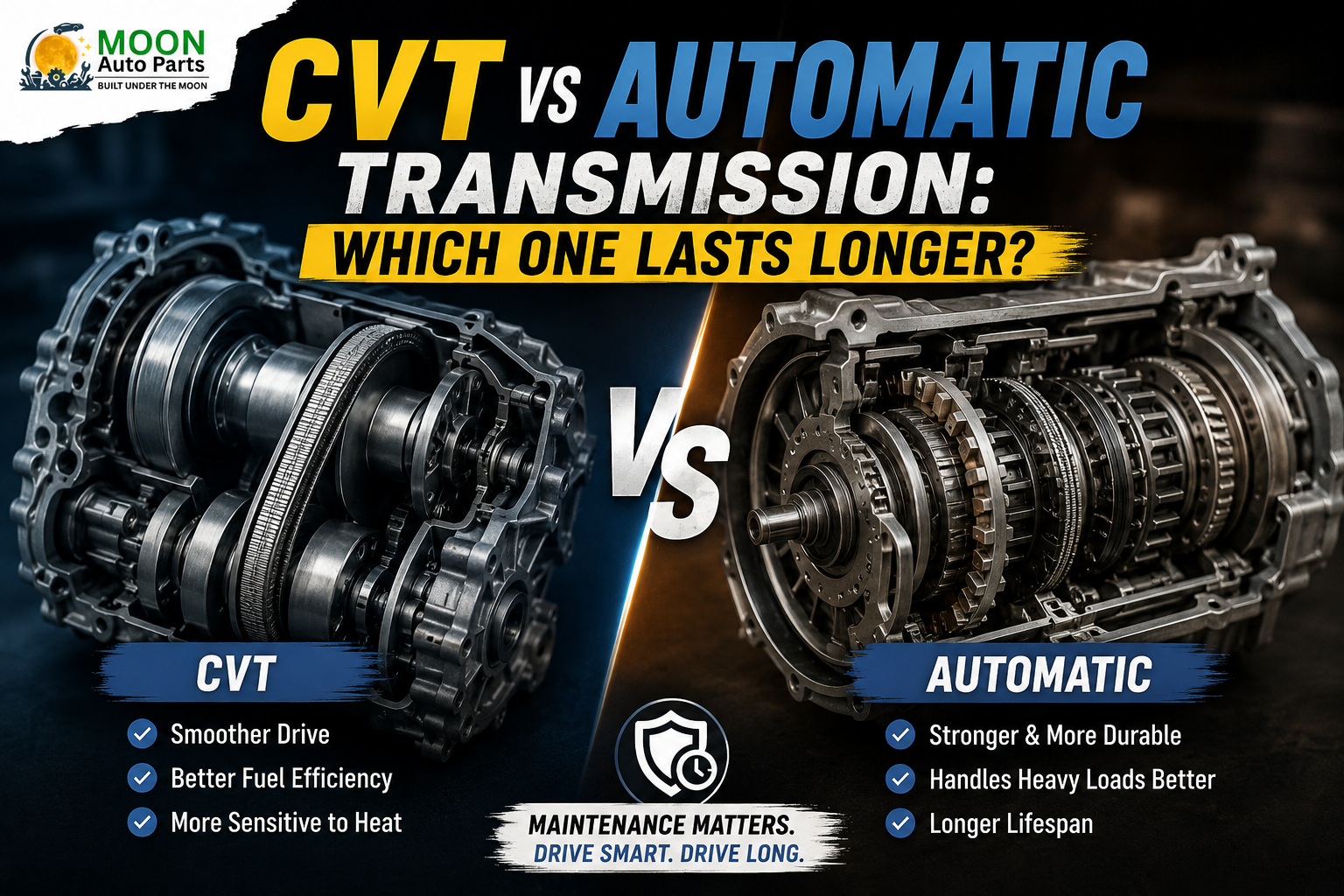 Comparison graphic showing a CVT transmission and an automatic transmission side by side with the title “CVT vs Automatic Transmission: Which One Lasts Longer?” and Moon Auto Parts logo in the corner.